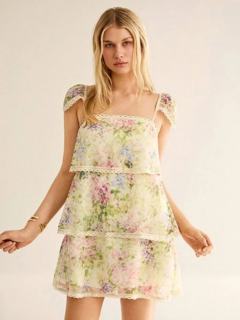 Multicolor Boho Women's Floral Print Lace Patchwork Lace Trim Ruffle Mini Dress - Picture 4 of 7